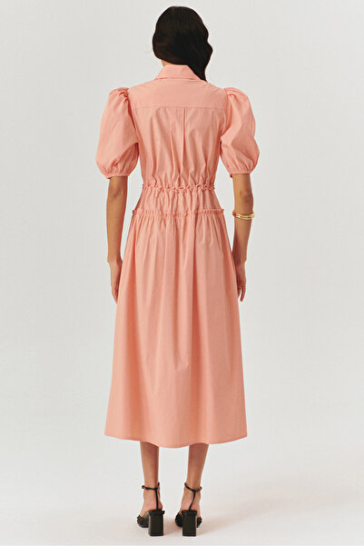 Exquise Balloon Sleeves Waist Seat Salmon Midi Length Shirt Dress