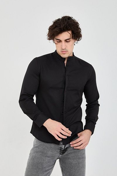 jack carisma Ανδρικό βαμβακερό πουκάμισο μαύρο Slim Fit Judge Collar Hidden Placket