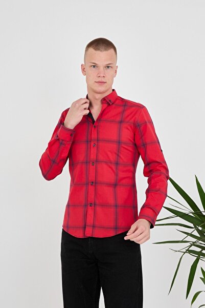 jack carisma Red-Navy Blue Plaid Slim Fit Men's Shirt - Stretchy Cotton, Buttoned Collar