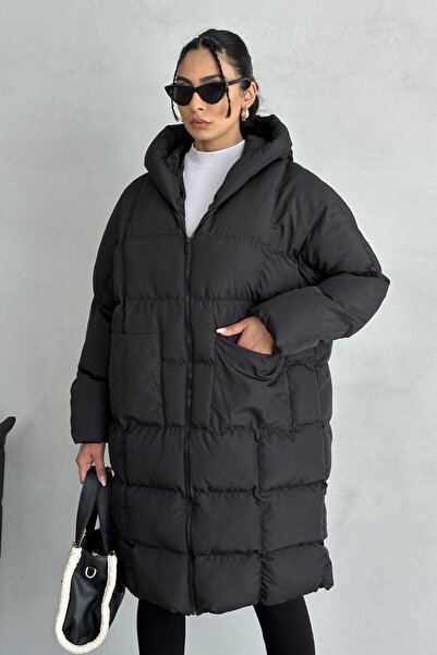 moda armanc Kadın Kapüşonlu Siyah Şişme Uzun Mont - Oversize