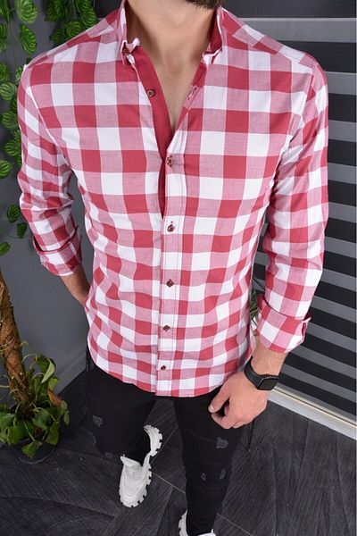 jack carisma Red-White Checkered Slim Fit Men's Shirt - Flexible, Garni Collar, Buttoned, New Season