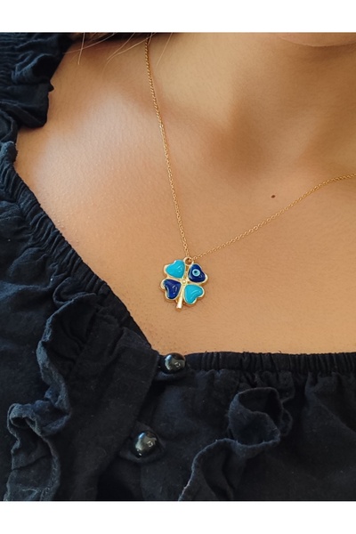 Anziano bijuteri Kadın Yonca Kolye Nazar Boncuklu Yonca Kolye Paslanmaz Çelik