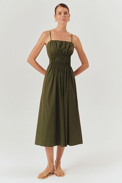 Exquise A-Line Khaki Dress with Gather Detail and Waist Fitting