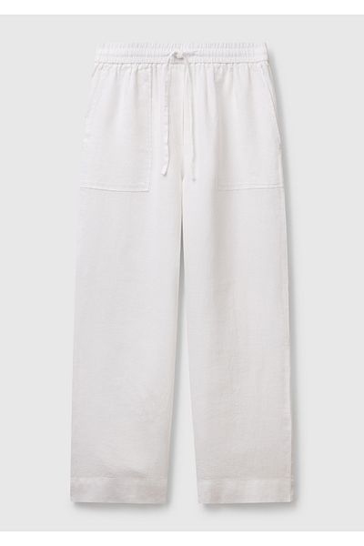 United Colors of Benetton Women's White 100% Linen Drawstring Pocket Trousers