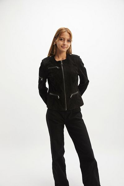 By Marki Marki Black Women's Genuine Suede Coat Collarless Zipper Detailed Genuine Leather Jacket - 104022