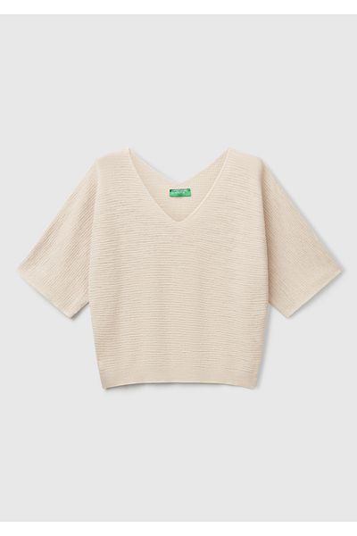 United Colors of Benetton Women's Stone Color Cotton and Linen Blended Striped Seamless V-Neck Short Sleeve Top