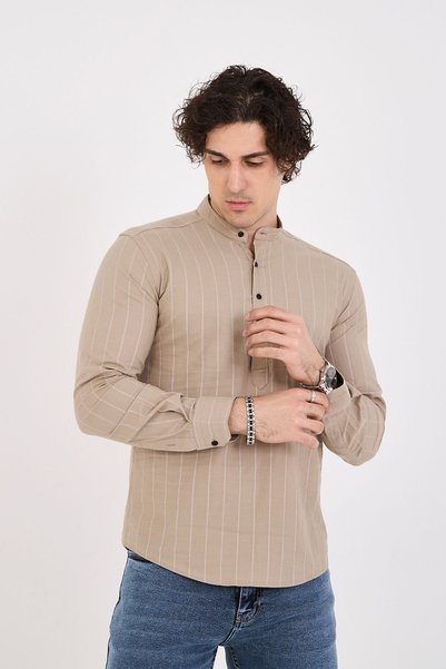 jack carisma Half Placket Judge Collar Striped Stretch Linen Texture Cotton Silim Fit Men's Shirt