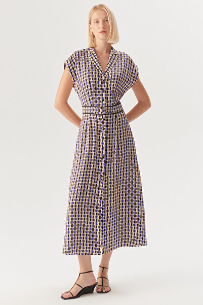 Exquise Geometric Patterned Waist Detailed Midi Shirt Dress