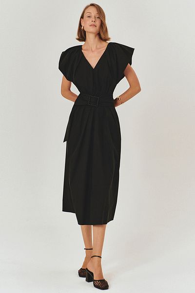Exquise Belt Detailed V-Neck Cotton Black Regular Midi Dress