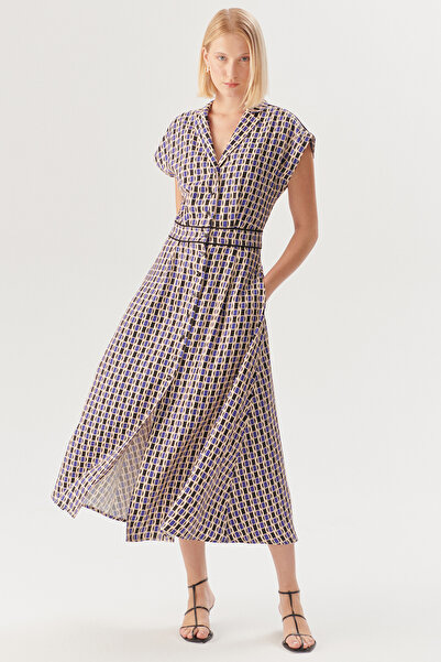 Exquise Geometric Patterned Waist Detailed Midi Shirt Dress