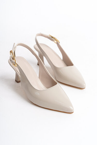 Modern Ayak Women's Pointed Beige Heeled Shoes with Patent Leather Large Buckle