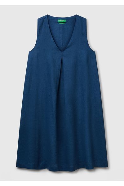 United Colors of Benetton Women's Denim 100% Linen Side Zipper A-Line V-Neck Short Dress