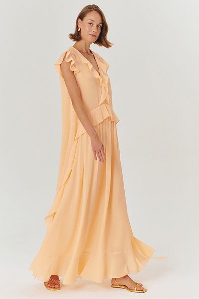 Exquise Fringe Detailed V-Neck Regular Salmon Long Dress