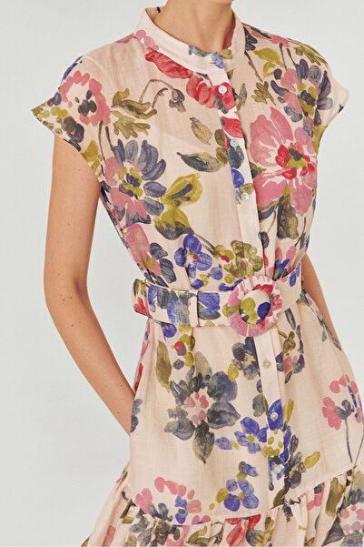 Exquise Bisiklet Yaka Önden Düğmeli Bele Oturan Kolsuz Floral Desen Elbise