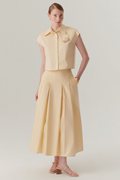 Exquise Açık Sarı Pileli Pamuklu Midi Boy Etek