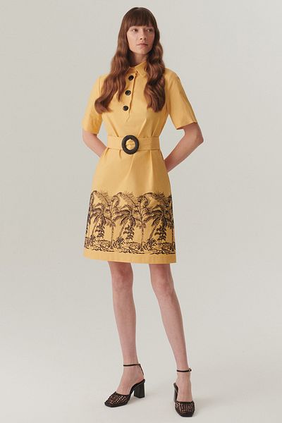 Exquise Shirt Collar Belted Skirt Ends Pattern Cotton Above Knee Dress