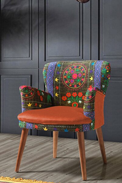 Azra Aksesuar Berjer - Tekli Koltuk - Etnik Desen - Ahşap Ayak - Kiremit