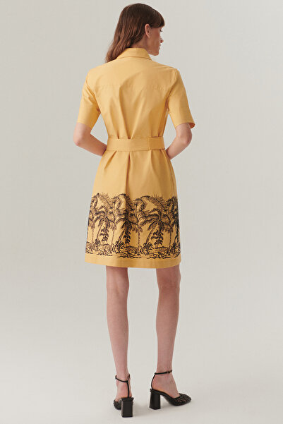 Exquise Gömlek Yaka Kemerli Etek Uçları Desenli Pamuklu Diz Üstü Elbise