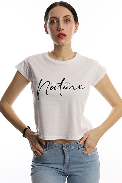 Polo State Tricou Crop cu imprimeu text Nature pentru damă, alb