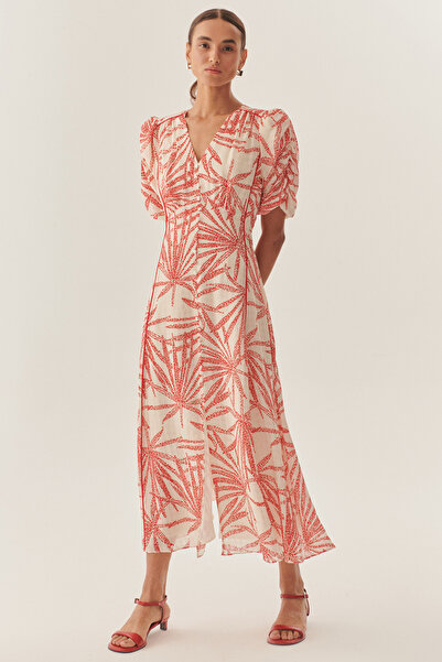 Exquise Desenli Balon Kol V Yaka Düğmeli Regular Midi Rayon Şifon Elbise