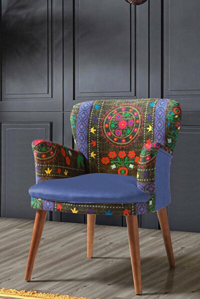 Azra Aksesuar Berjer - Tekli Koltuk - Etnik Desen - Ahşap Ayak - Mavi