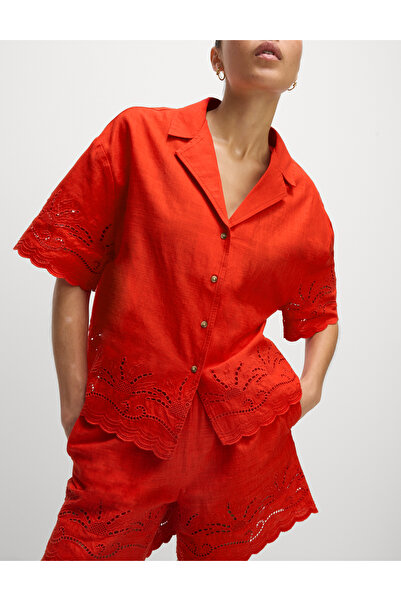 Marks & Spencer Saf Pamuklu Broderie Yaka Düğmeli Plaj Gömleği