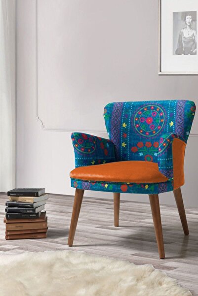 Azra Aksesuar Berjer - Tekli Koltuk - Etnik Desen - Ahşap Ayak - Turuncu