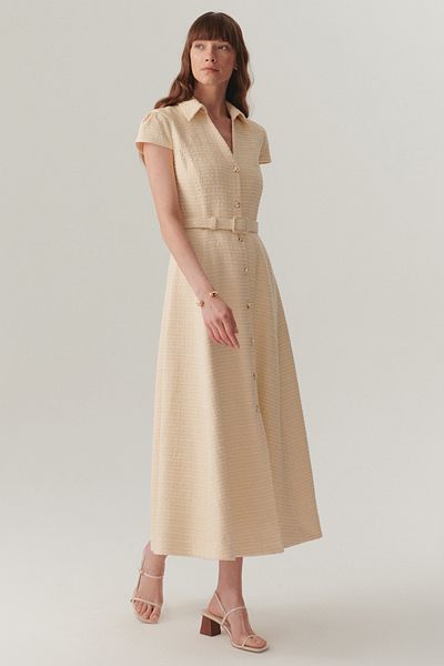 Exquise Shirt Collar Short Sleeve Front Buttoned Regular Fit Midi Length Ecru Dress