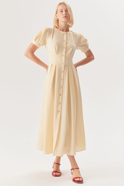 Exquise Short Sleeve Buttoned Beige Dress Fitted at the Waist