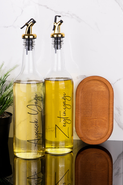 Dolkin Home 750 ml Wooden Stand Oil Liquid Gold Tip Glass Oil Pot