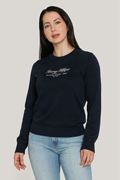 Tommy Hilfiger Kadın Yazı Logolu Kazak - Lacivert