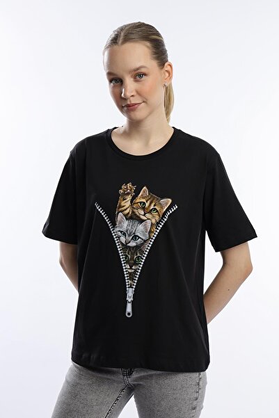 Polo State Tricou de damă cu decolteu cu imprimeu pisici Negru