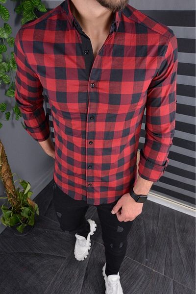 jack carisma Slim Fit Black-Burgundy Check Cotton Flexible Collar with Buttons