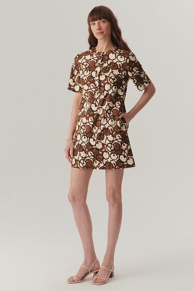 Exquise Buttoned Crew Neck Short Sleeve Patterned Mini Dress