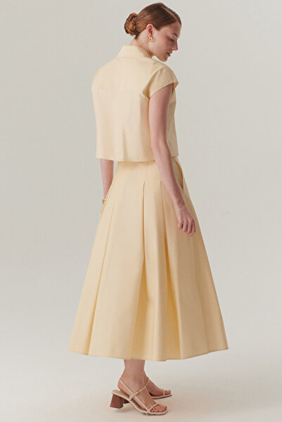 Exquise Açık Sarı Pileli Pamuklu Midi Boy Etek