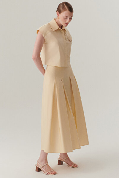 Exquise Açık Sarı Pileli Pamuklu Midi Boy Etek