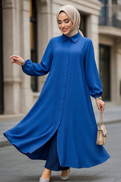 Neva Style Комплект от две части за хиджаб с копчета в индиго син цвят - 10891IM