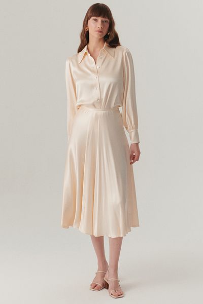 Exquise Shiny Fabric Satin Kiloş Midi Length Skirt