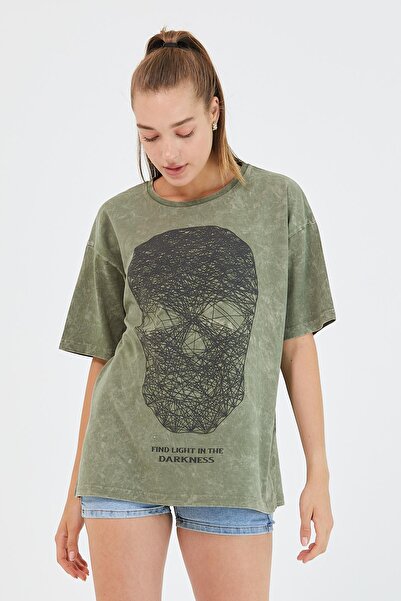 Polo State Tricou de bază oversize cu imprimeu vopsea pentru femei kaki