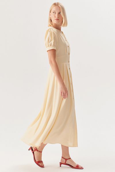 Exquise Short Sleeve Buttoned Beige Dress Fitted at the Waist