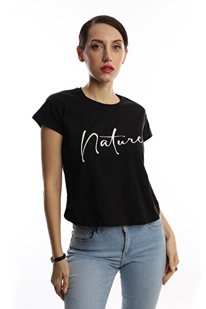 Polo State Tricou Crop cu imprimeu text Nature pentru femei, negru