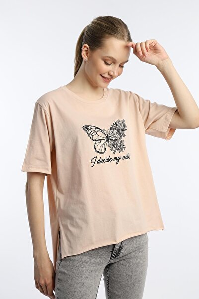 Polo State Ženska majica Butterfly Štampano Oversize kroj bež boje