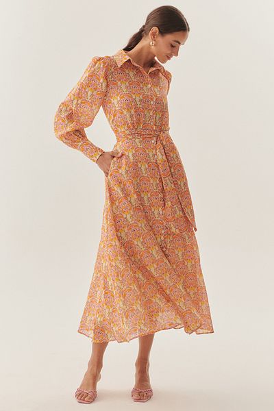 Exquise Shirt Collar Long Sleeve Sash Detailed Floral Pattern Midi Length Dress