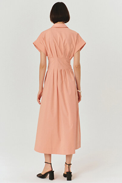 Exquise Low Sleeve Belt Detail Midi Length Cotton Shirt Dress