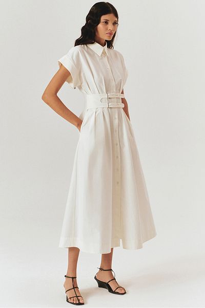 Exquise Low Sleeve Belt Detail Midi Length Cotton Shirt Dress