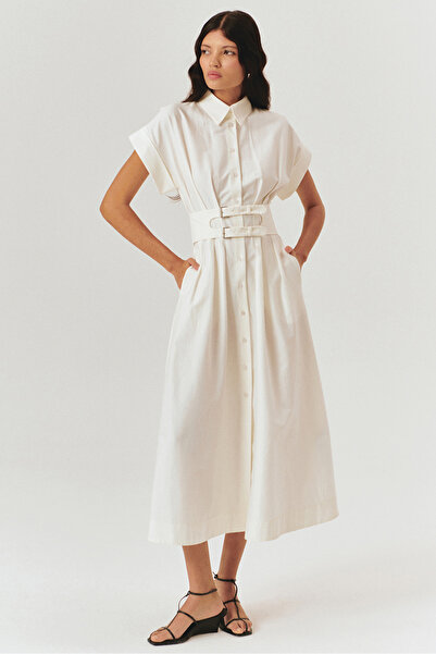 Exquise Low Sleeve Belt Detail Midi Length Cotton Shirt Dress
