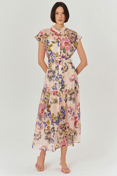 Exquise Crew Neck Front Button Waist Fitted Sleeveless Floral Pattern Dress