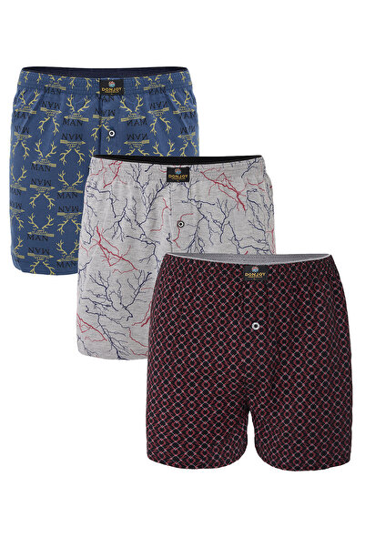 don joy Men's 3-Piece Patterned Cotton Combed Long Buttoned Elastic Waist Boxer