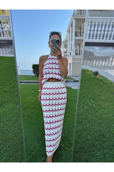 caddstore Sv 024325 Pink Zigzag Skirted Knitwear Set
