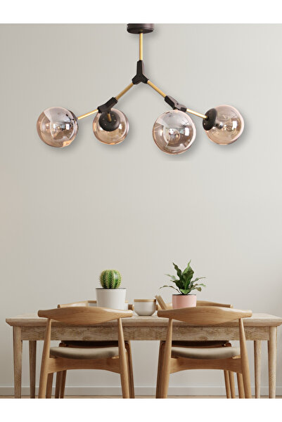 Luzarana Atom Siyah Modern Tasarım Metal Gövde 4'lü Bal Rengi Camlı Avize | S...